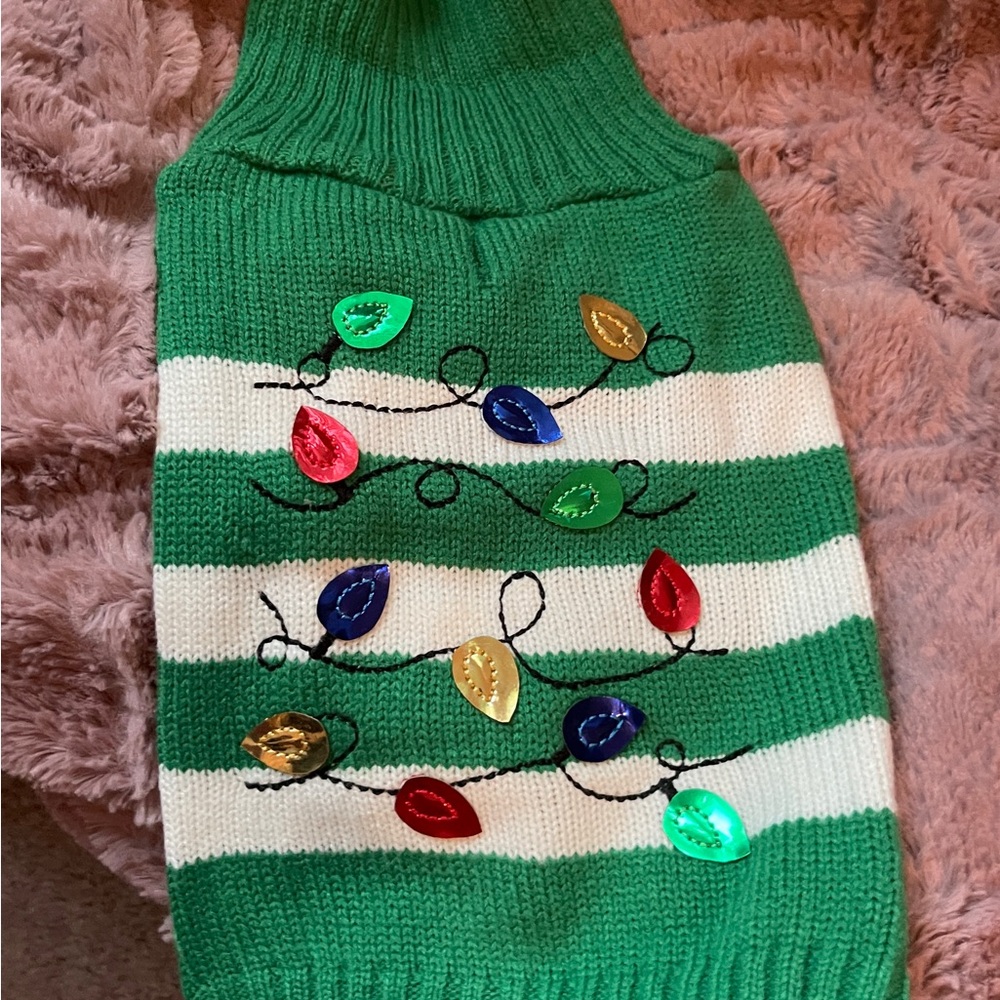Green and White Striped Dog Sweater with Colorful Lights